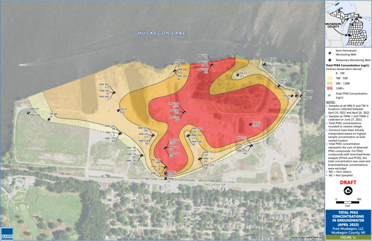 Map of total pfas concentration in groundwater of the Former Sappi paper mill brownfield.